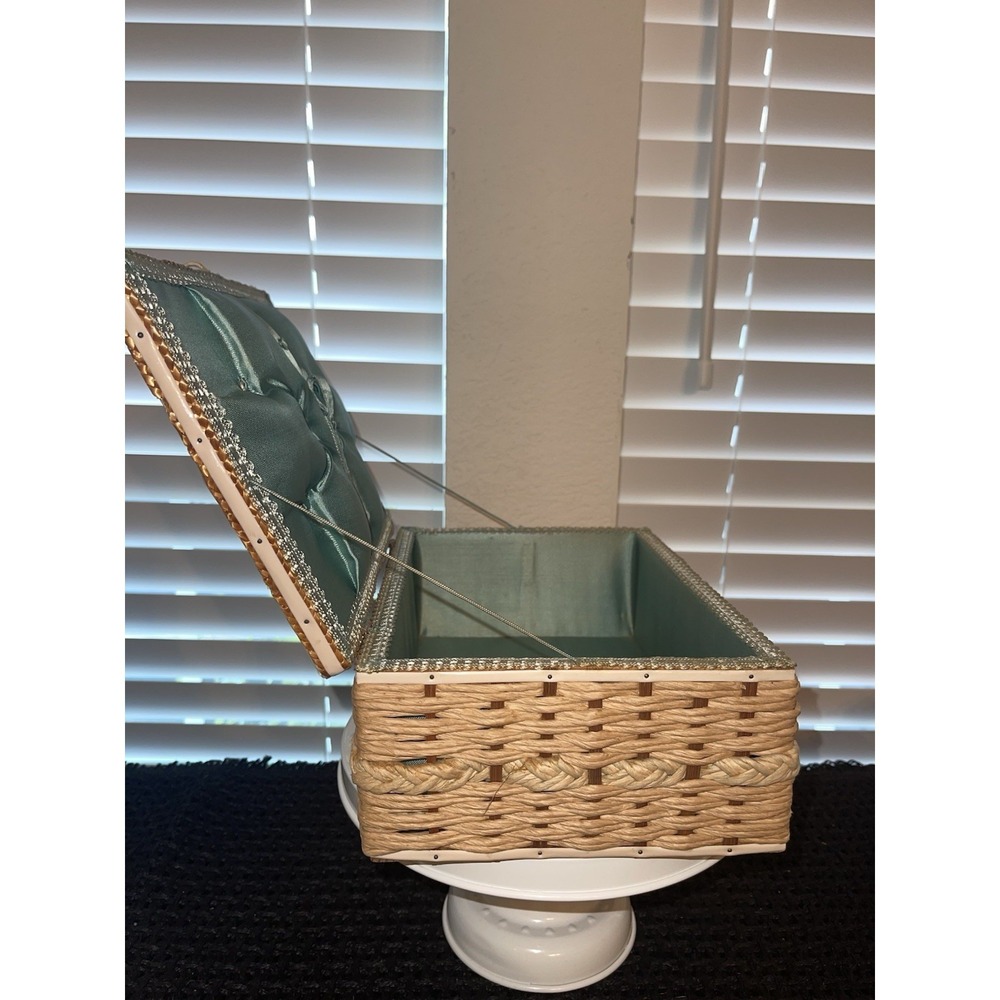 Vintage Wicker Woven Sewing Box Basket Green Satin Ratan 10" Green Tufted Lining - Picture 7 of 14